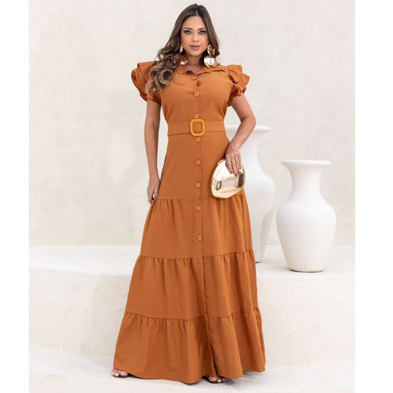 Vestido Lindo  Longo Femenino com Cinto e botoes na Alfaiataria Amarrant e Lastex nas costas casual e elegante