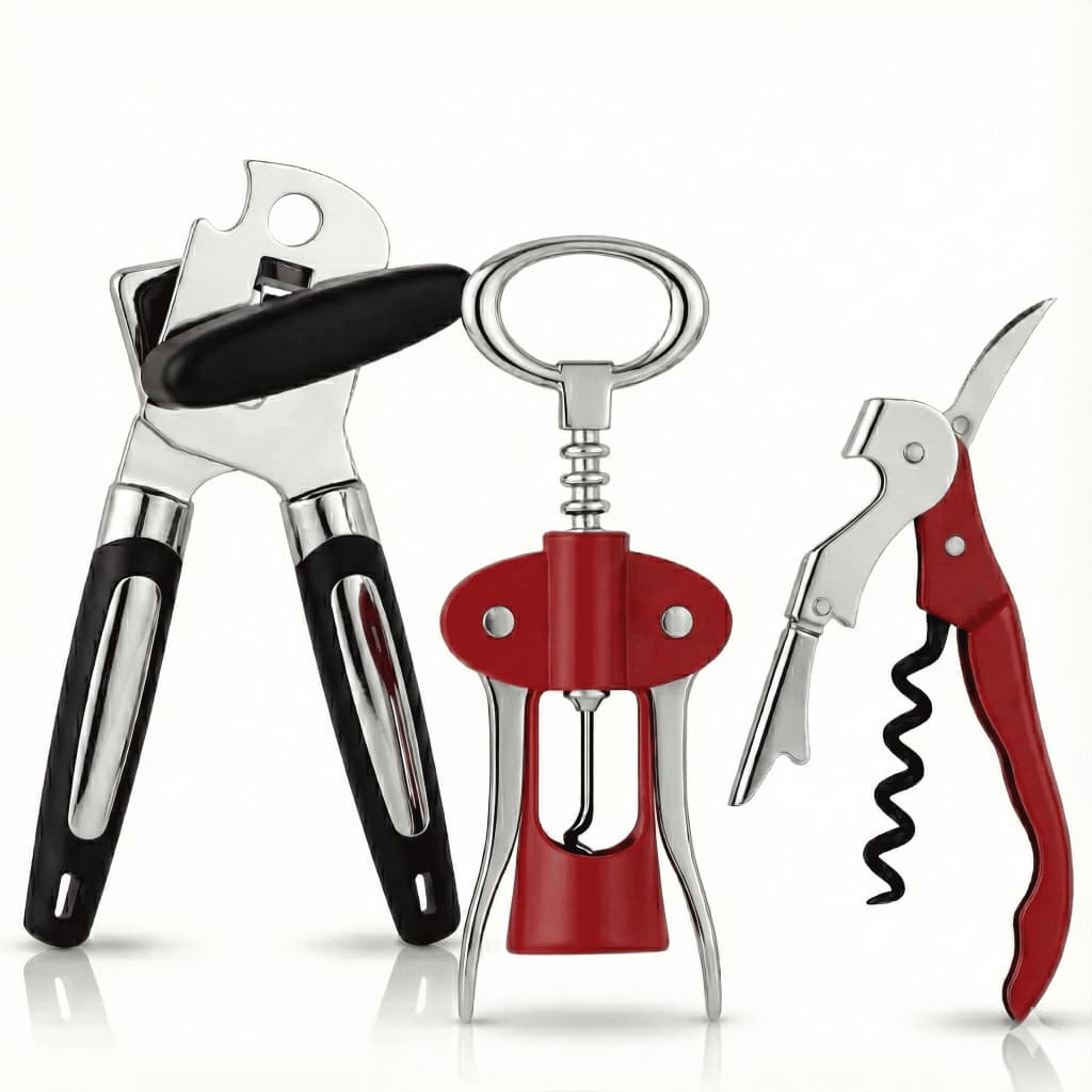 Kit Abridor De Latas 3 em 1 Com Saca Rolha Garrafas Levantador De Tampas Cabo Emborrachado Inox Para Casa Bar Cozinha