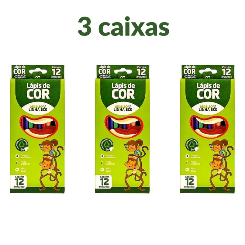 Kit 3 Lápis de Cor 12 Cores Leo&Leo Material Escolar Papelaria Desenho Colorir