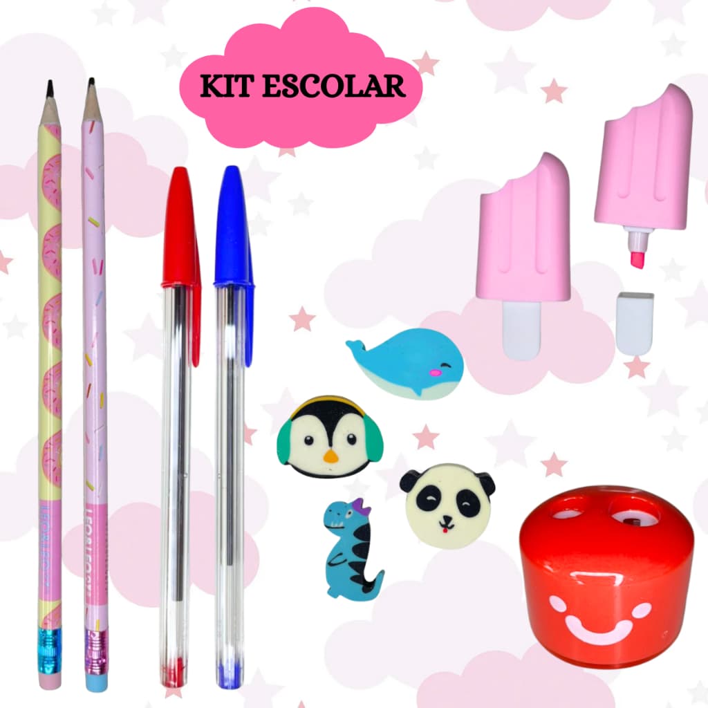 Kit Material Escolar Fofo Kawaii Lapis Caneta Borracha Apontador Papelaria Menino Menina