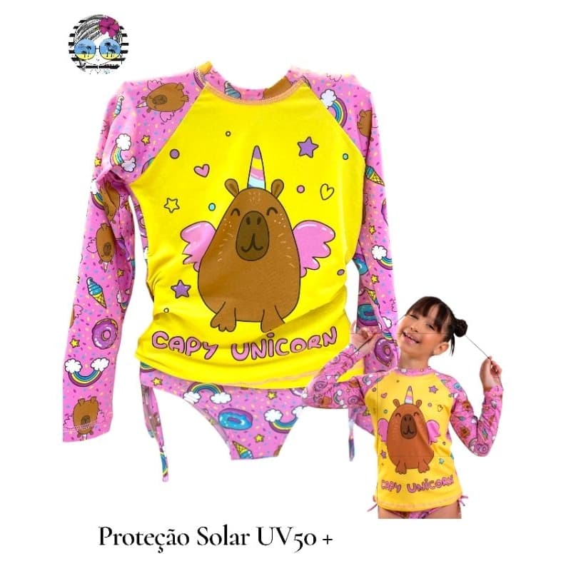 Biquíni Infantil Capivara Unicórnio e Blusa com Proteção Solar Uv50+ Manga Longa ajuste nas Laterais