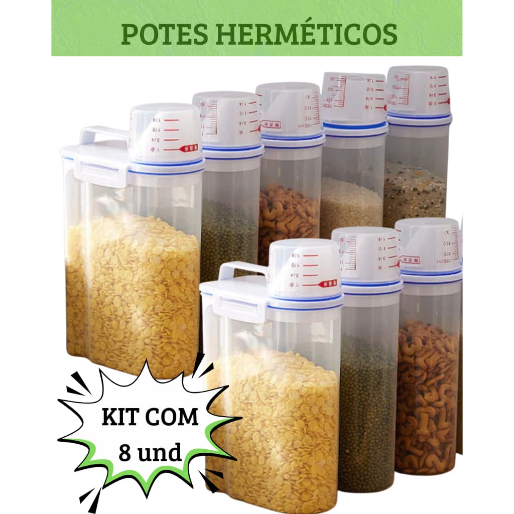 Kit 8 Potes Herméticos Com Bico Dosador Porta Alimentos Ração Sabão Organizador com Copo Medidor