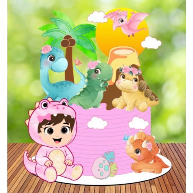 Topo de Bolo Topo dino baby aquarela com baby menina – Personalizado com Nome e Idade – Festa Infantil