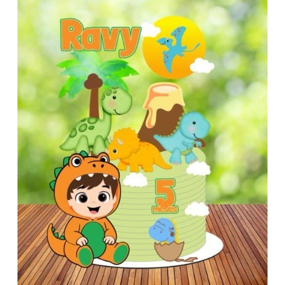 Topo de Bolo Topo dino baby com baby menino – Personalizado com Nome e Idade – Festa Infantil