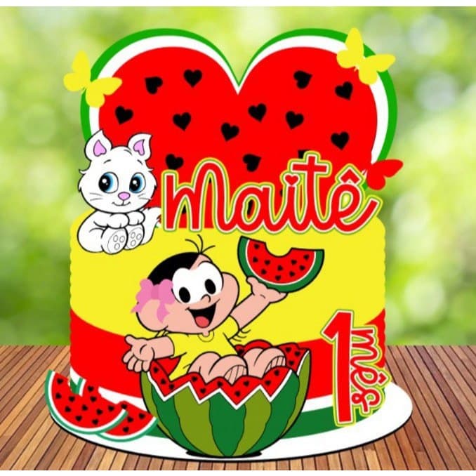 Topo de Bolo Topo Magali dentro da melancia e Miau baby simpes – Personalizado com Nome e Idade – Festa Infantil