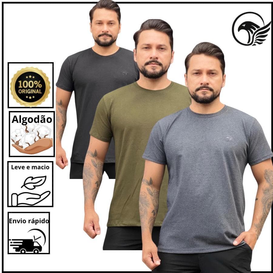 KIT 3 Camiseta Masculina Algodão Cotton Premium Básica Confortável Dia a Dia