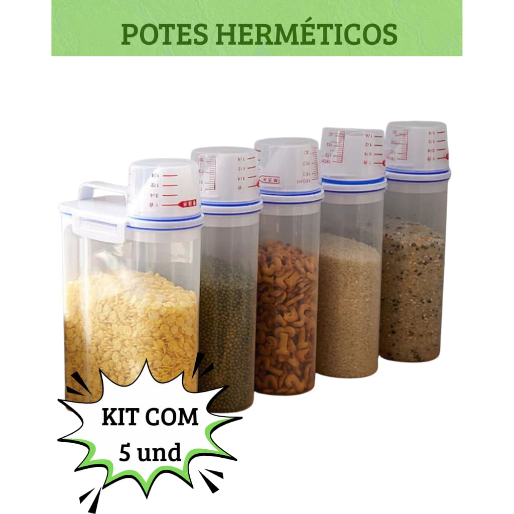 KIT 5 Potes Herméticos Grande Multiuso Cozinha Lavanderia com Copo Medidor e Bico Dosador