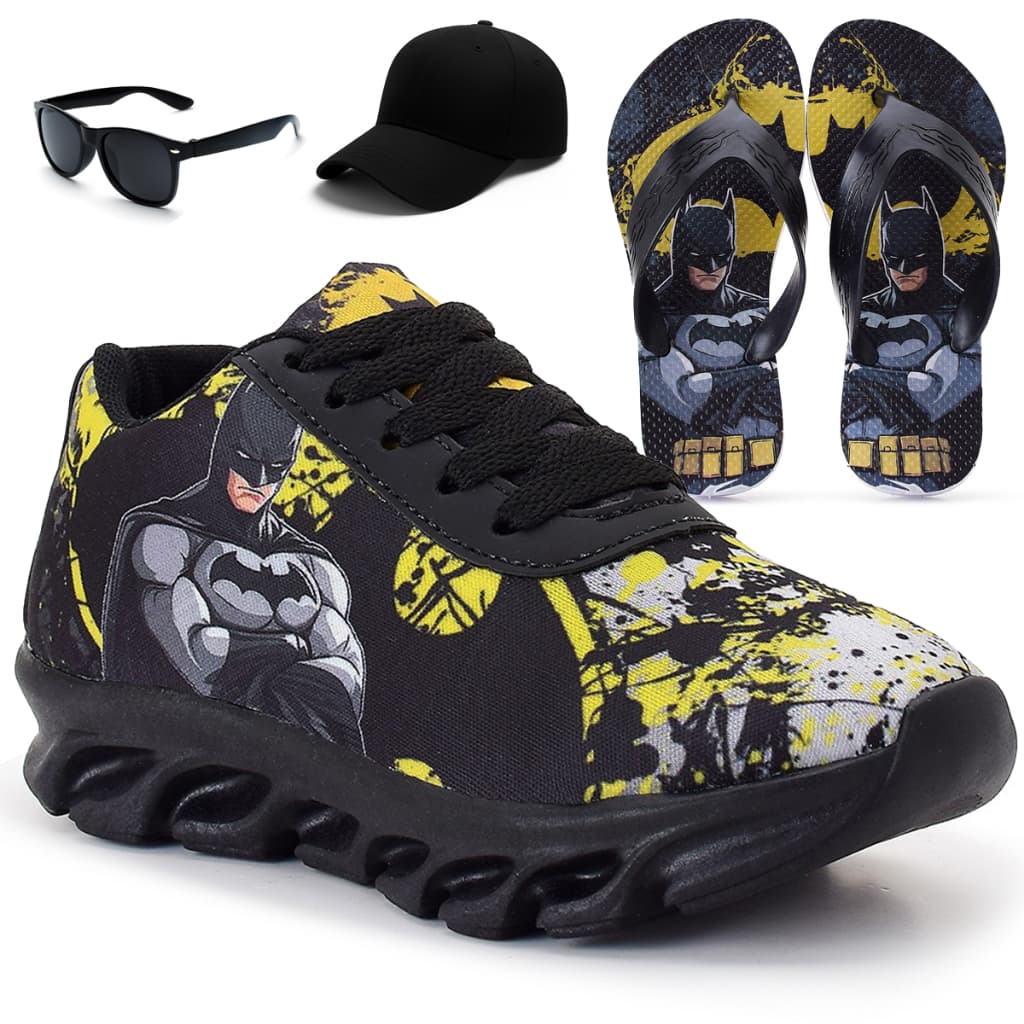 Kit Tênis Infantil Batman Menino Casual + Boné Infantil + Óculos + Chinelo