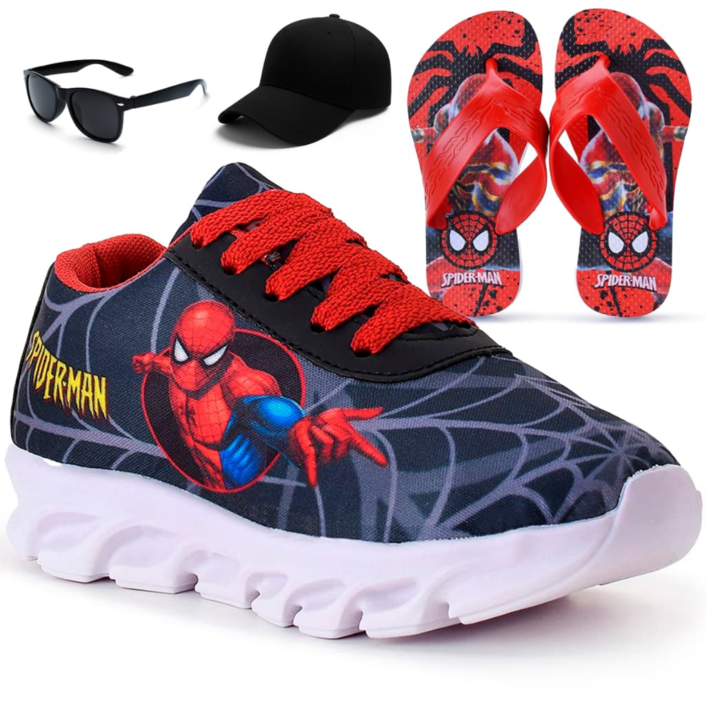 Kit Tênis Infantil Homem Aranha Casual + Boné + Óculos + Chinelo Henry Kids