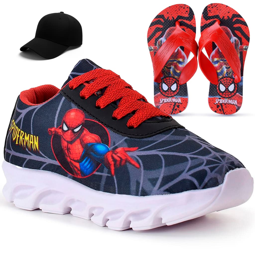 Kit Tênis Infantil Homem Aranha Casual + Boné Infantil + Chinelo Infantil