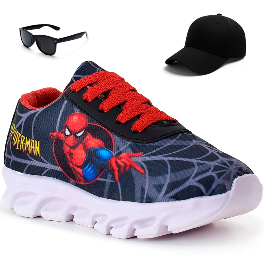 Kit Tênis Infantil Homem Aranha Casual + Boné + Óculos Panfy Kids