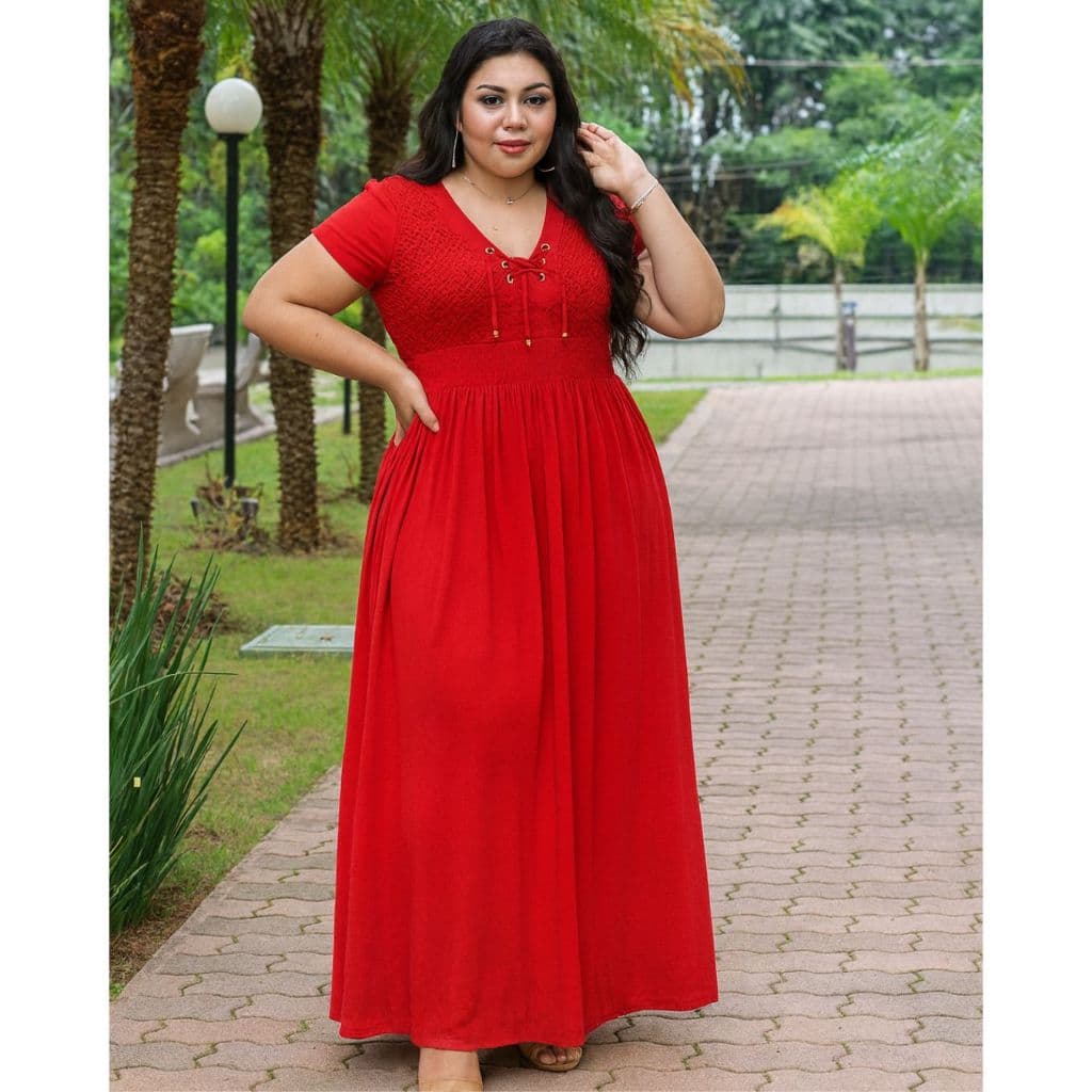 VESTIDO FEMININO LONGO RENDA MANGA CURTA PLUS SIZE VESTIDO SOCIAL