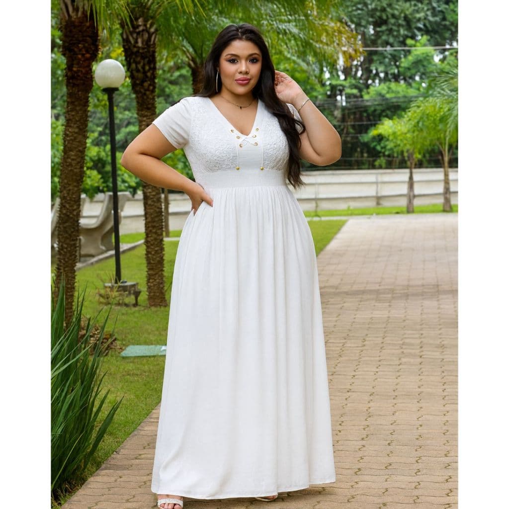 VESTIDO FEMININO LONGO PLUS SIZE RENDA MANGA CURTA