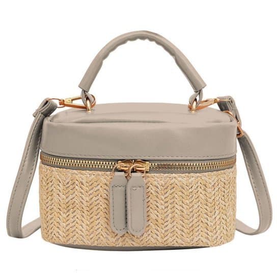 Mini Bolsa Baú de Palha Trançada e Couro PU - Alça Transversal/Mão - Estilo Verão/Casual