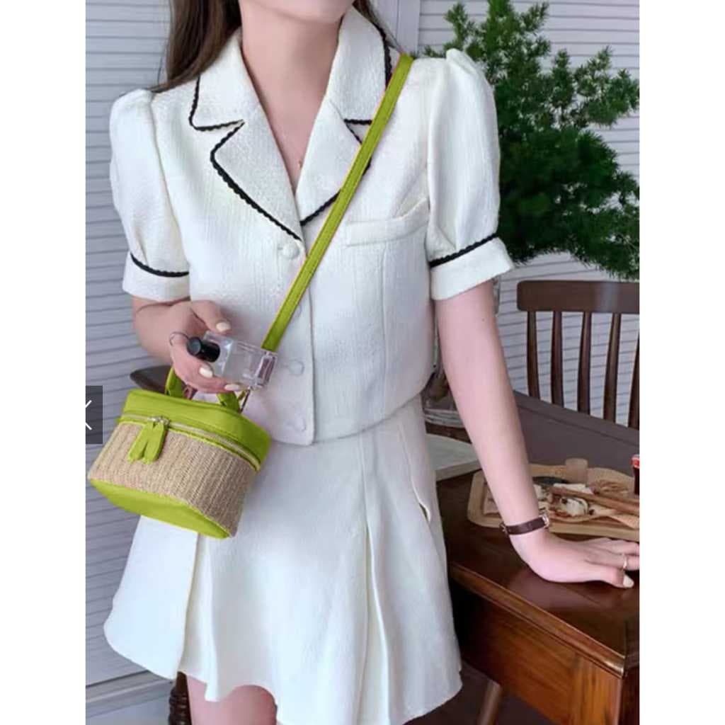 Mini Bolsa Baú de Palha Trançada e Couro PU - Alça Transversal/Mão - Estilo Verão/Casual