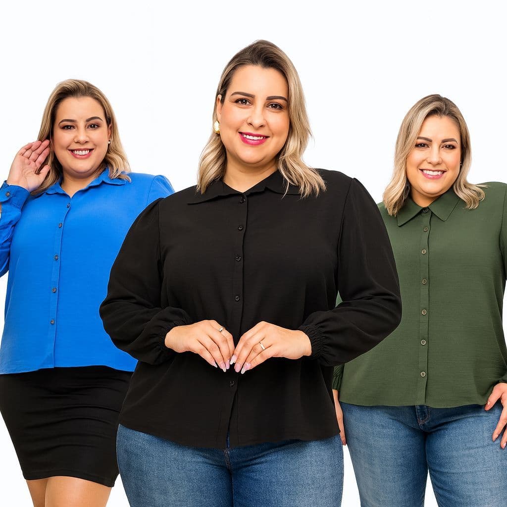 Camisa Social Feminino Gola Coraninho Manga Longa com Botoes