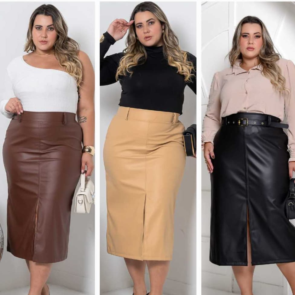 Saia Midi Femenina Couro Plus Size com Ziper lateral Moda Evangelica tem g1 g2 g3