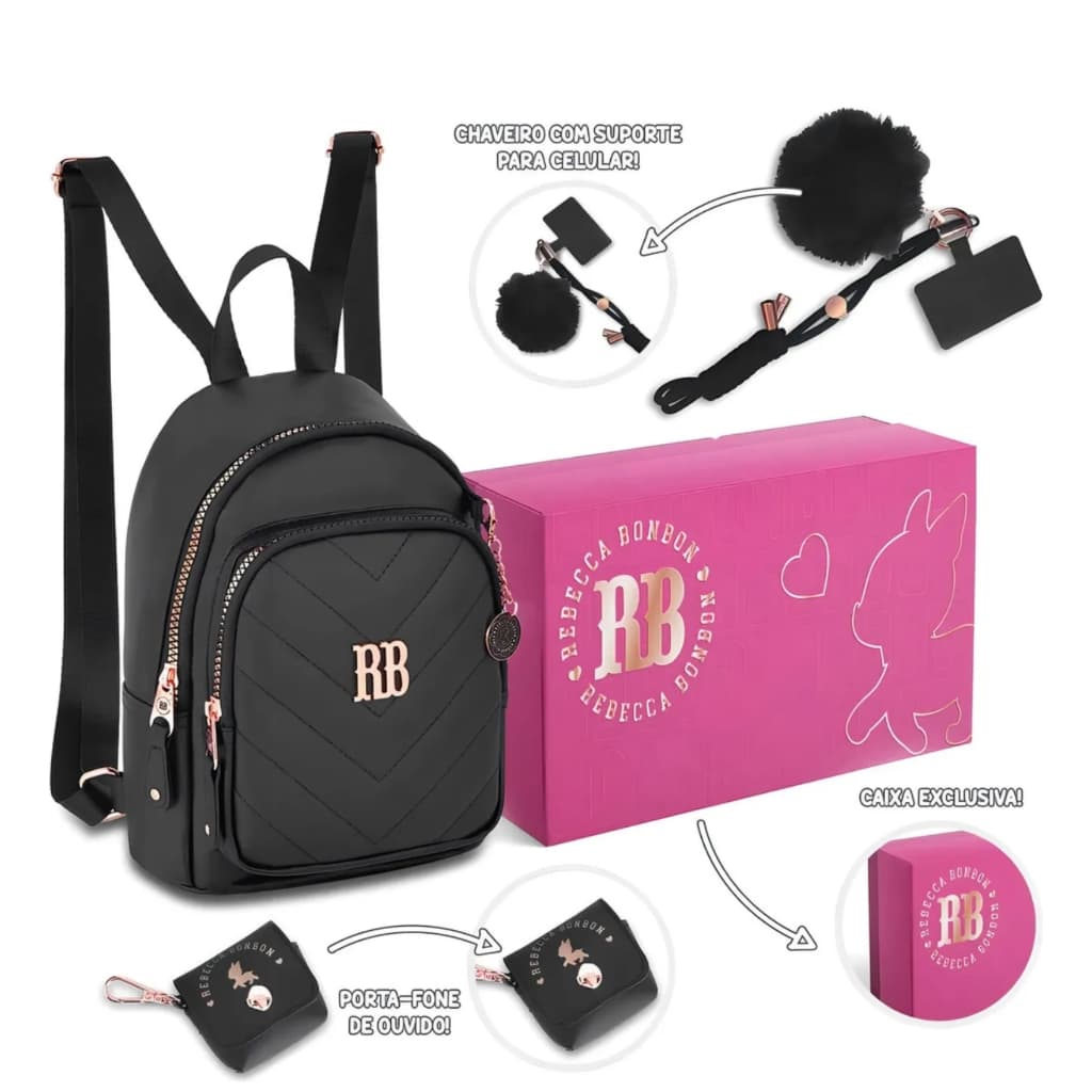 Mini Mochila Rebecca Bonbon ou Luluca Preto Case Porta Fone Chaveiro Lançamento Kit Completo