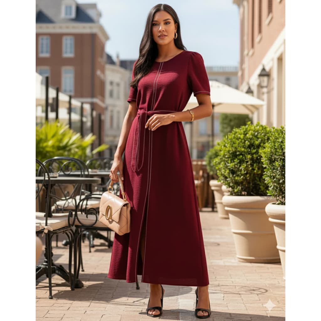 Vestido Midi De Crepe Com Cinto Fluido Elegante E Casual