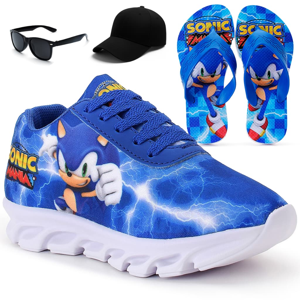 Kit Tênis Infantil Menino Sonic Casual + Óculos + Boné + Chinelo Infantil