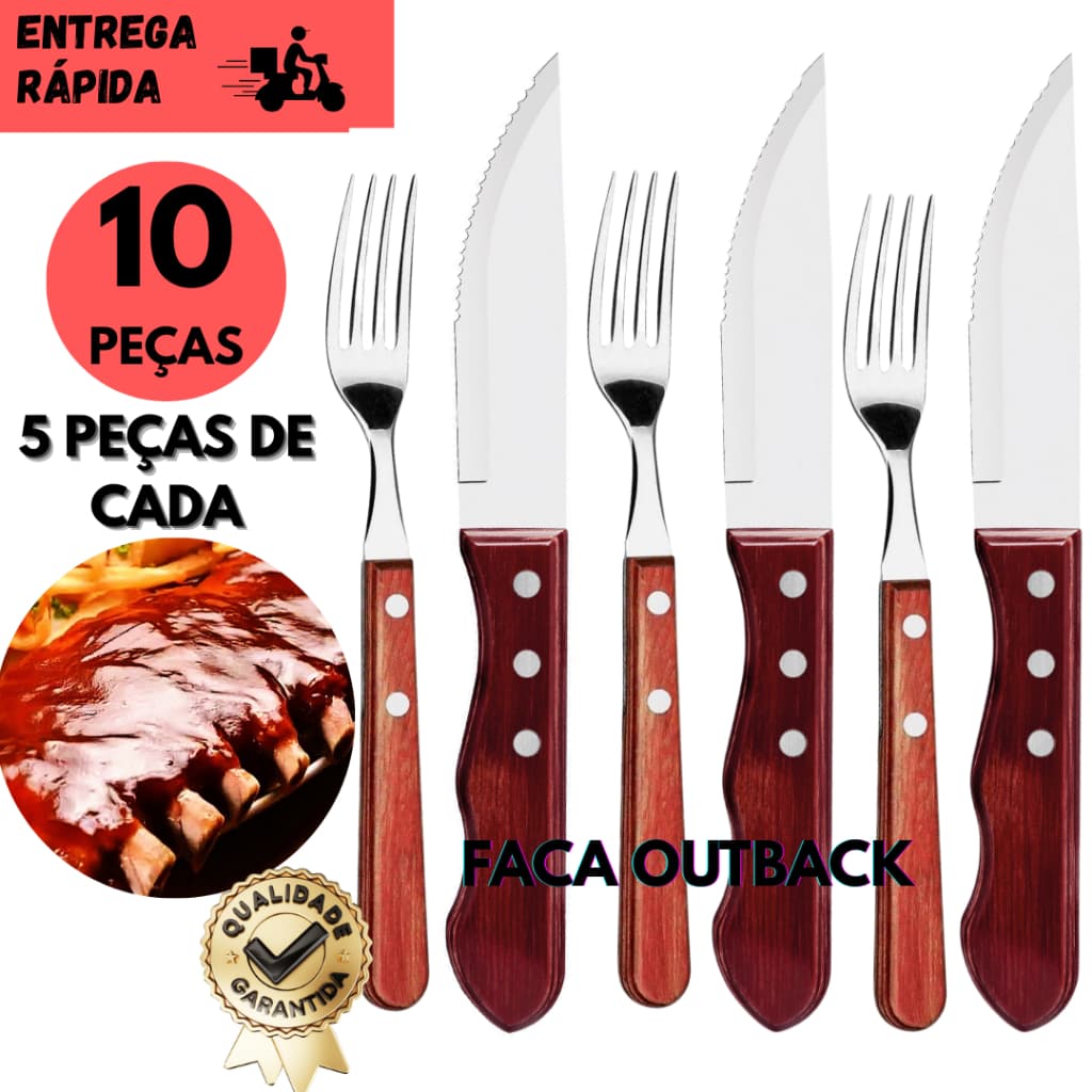 4/8 ou 10 Pçs Faca Jumbo 5"Outback +Garfo Churrasco Cabo de Madeira Inox Afiada Kit Churrasco