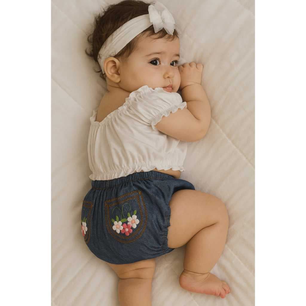 Kit Conjunto com Laço Bunda Rica Jeans Luxo Bebe Menina Estilosa e Confortavel