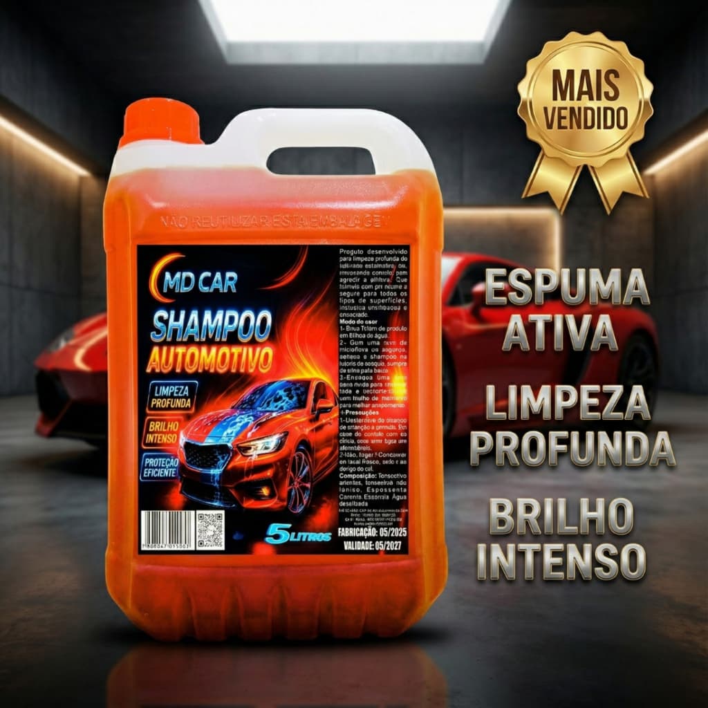Shampoo Automotivo 5 Litros MD Car – Desengraxante, Limpeza Pesada, Espuma ativa , Brilho e Proteção