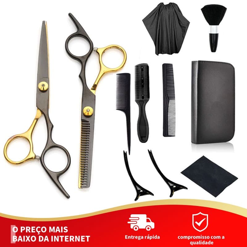 Kit 11 Tesoura Barbeiro Fio Navalha E Desfiadeira + Acessórios Espanador Pente Presilhas em Metal Navalhete e Capa Cabel