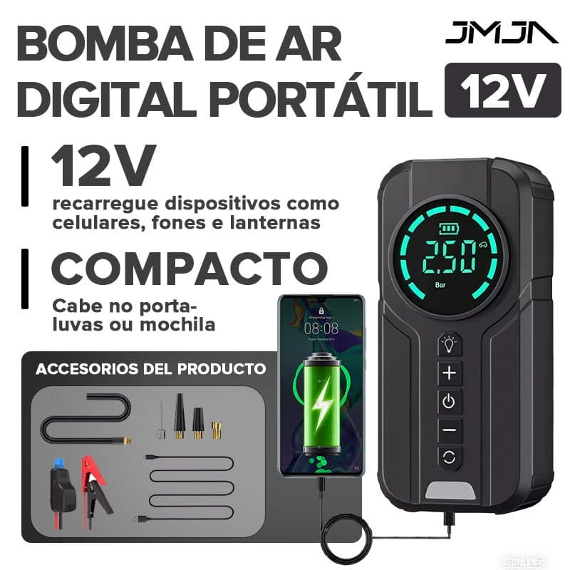 JMJN Compressor de Ar Portátil 7 em 1 com Power Bank 8000mAh Bomba Inflador 12V Calibrador Digital para Carro Moto Bike