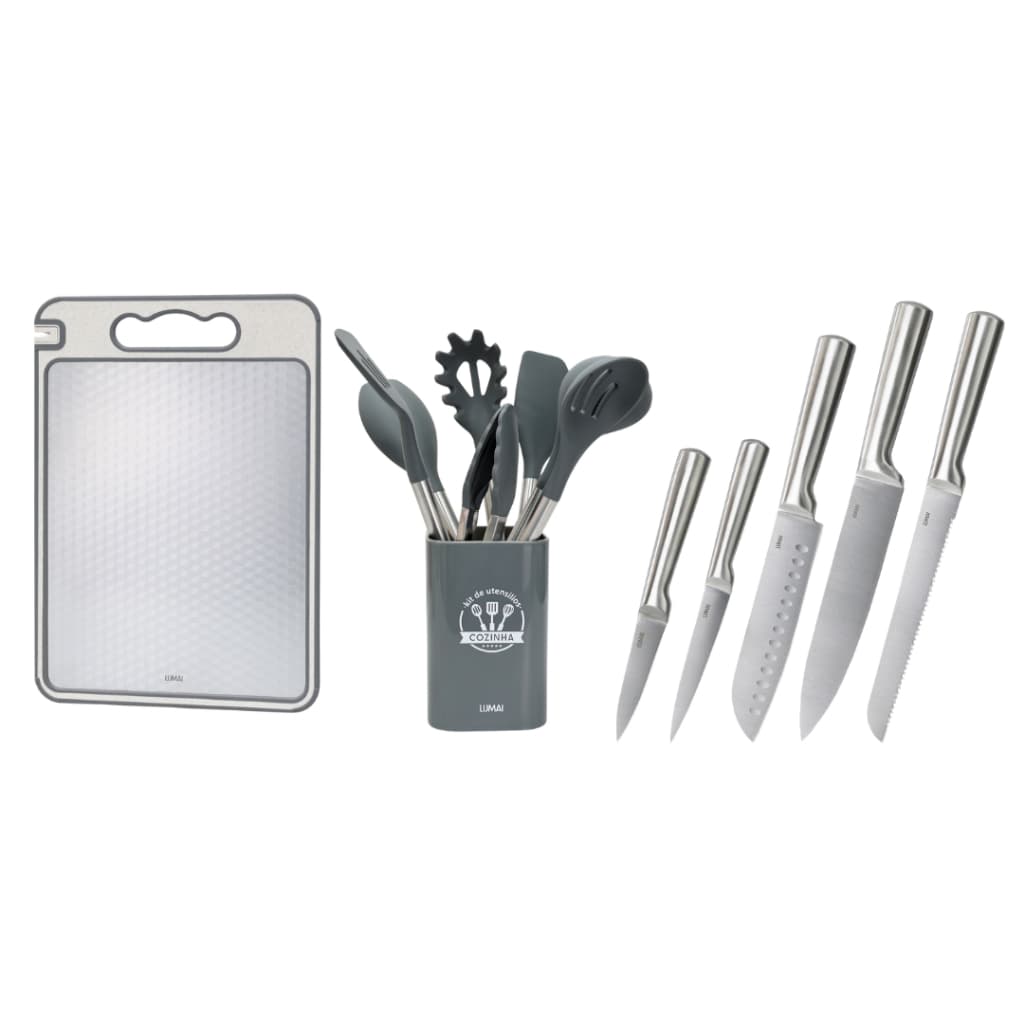 Lumai Kit Cozinha 5 Facas Inox Utensílios Silicone Tábua Corte Dupla Face Antiderrapante