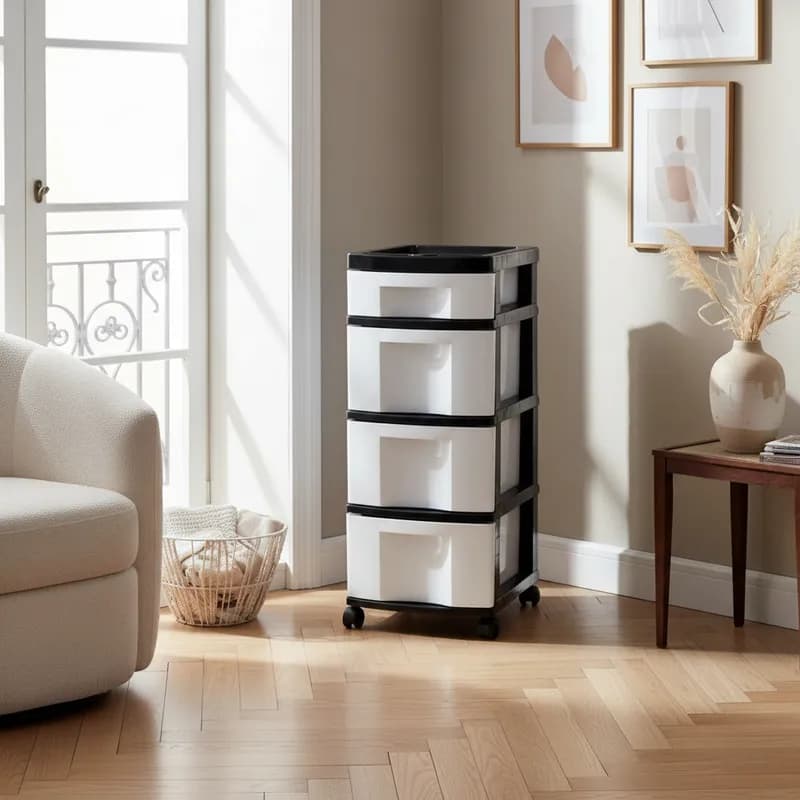Gaveteiro Plástico Preto e Branco 4 Gavetas com Rodízios – Organizador Multiuso Agraplast 943