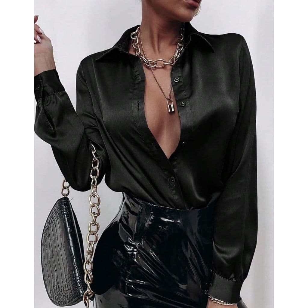 Blusa Social Feminina Manga Longa Seda Botões Com Gola Look Sofisticado Confortável