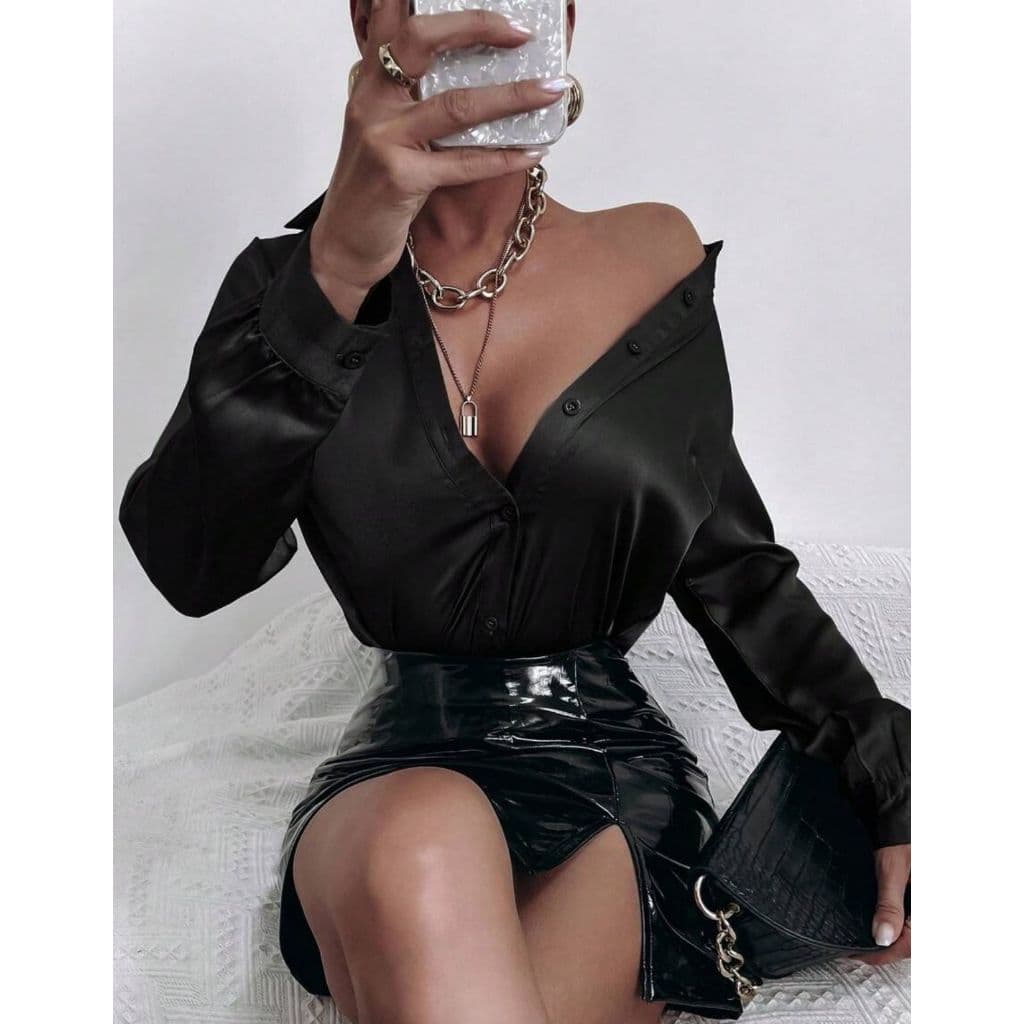 Camisa Feminina Social De Cetim Botões Manga Longa Casual Versátil Básica