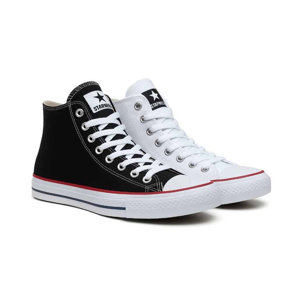 Kit 2 Pares Tênis Cano Alto Unissex Star World Confortável Preto Branco Casual Skatista