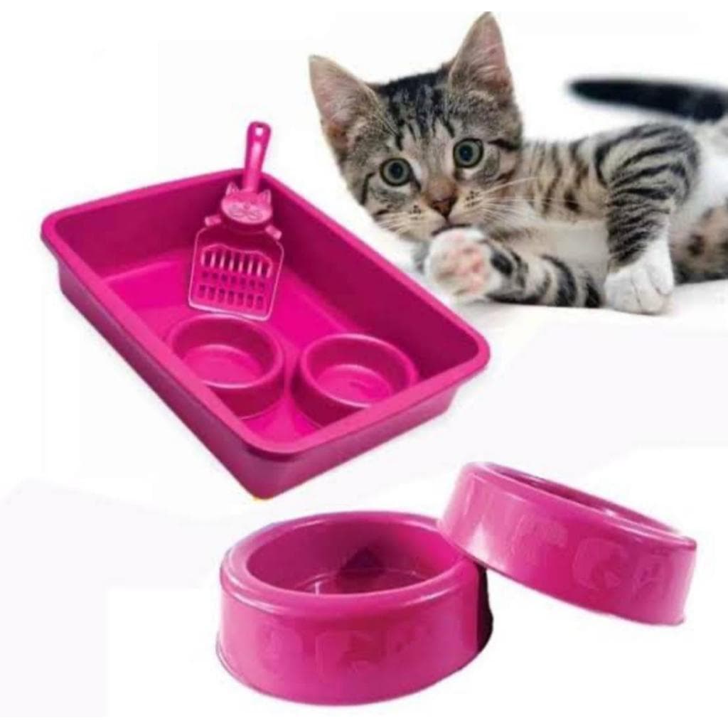 Kit Caixa de Areia para Gatos Completo  Bandeja + Comedouro + Bebedouro + Pá Higiênica