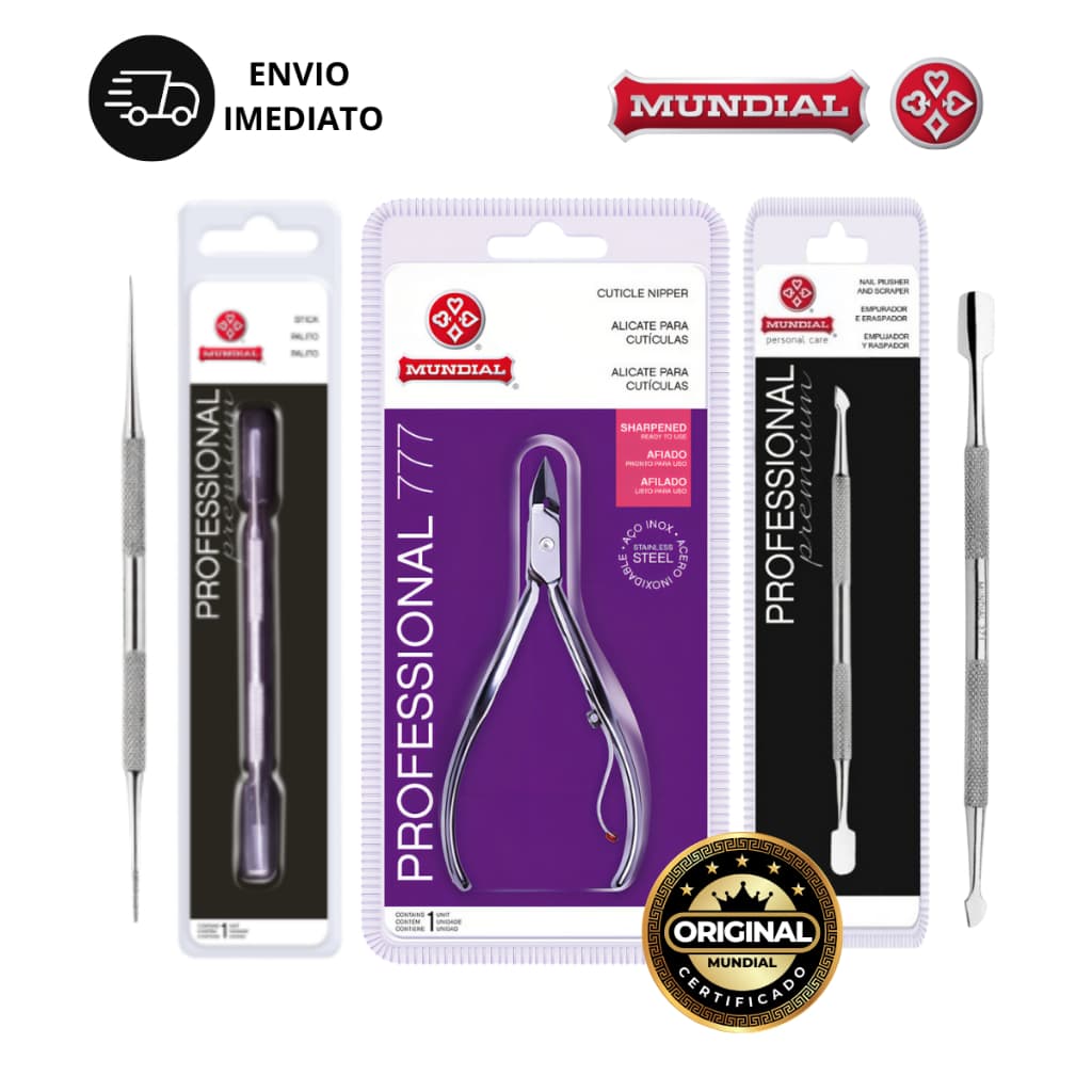 Kit Manicure Profissional Alicate de Unha Mundial 777 + Espátula 371m + Palito 375m Aço Inox Pedicure Salão de Beleza
