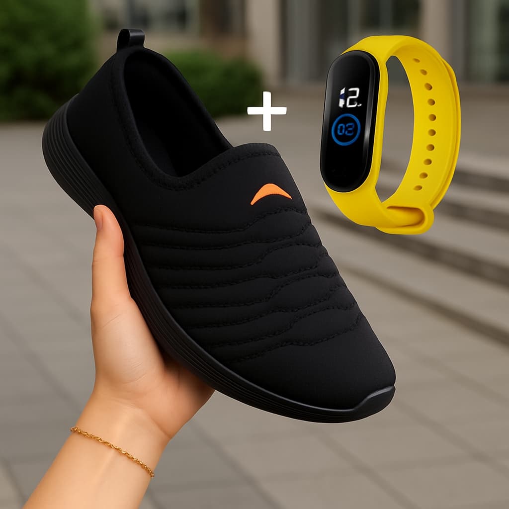 Tênis Meia Feminino Academia Slip On Ortopédico Caminhada  Sneaker Esportivo + Relógio digital