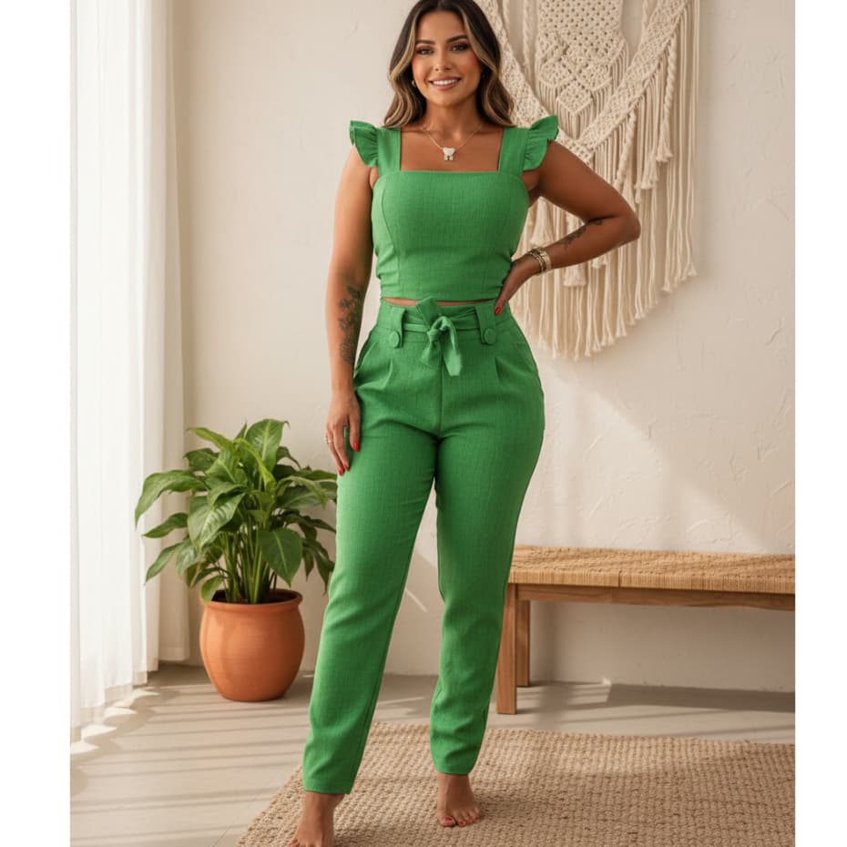 Conjunto feminino calça social e Cropped Alça Larga com babado Tecido