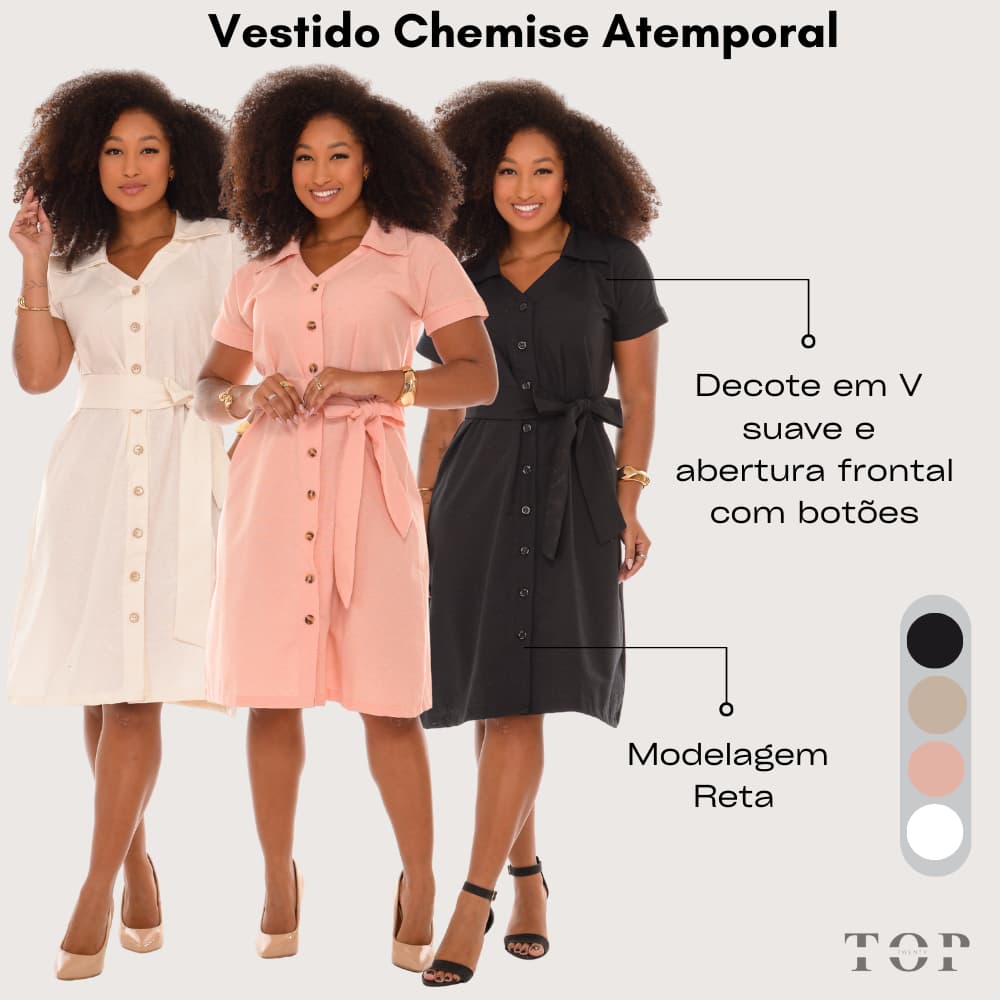 Vestido Chemise Atemporal Fechamento Botões Frontais com Cinto Faixa Modelagem Reta