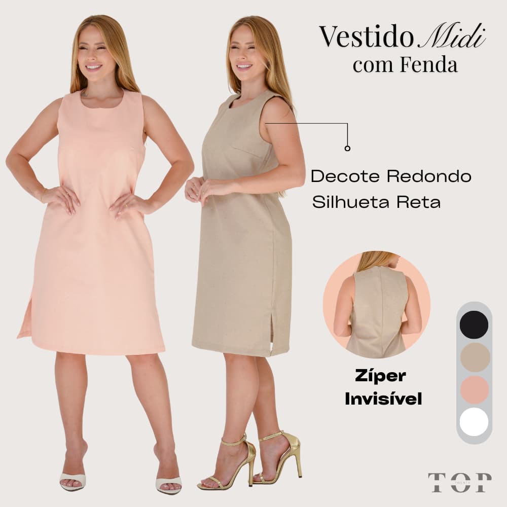 Vestido Midi Clássico Sem Mangas Decote Redondo com Fendas Zíper Invisível nas Costas