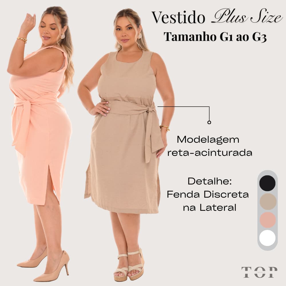 Vestido Plus Size Midi Reto Sem Manga com Amarração Lateral e Fenda