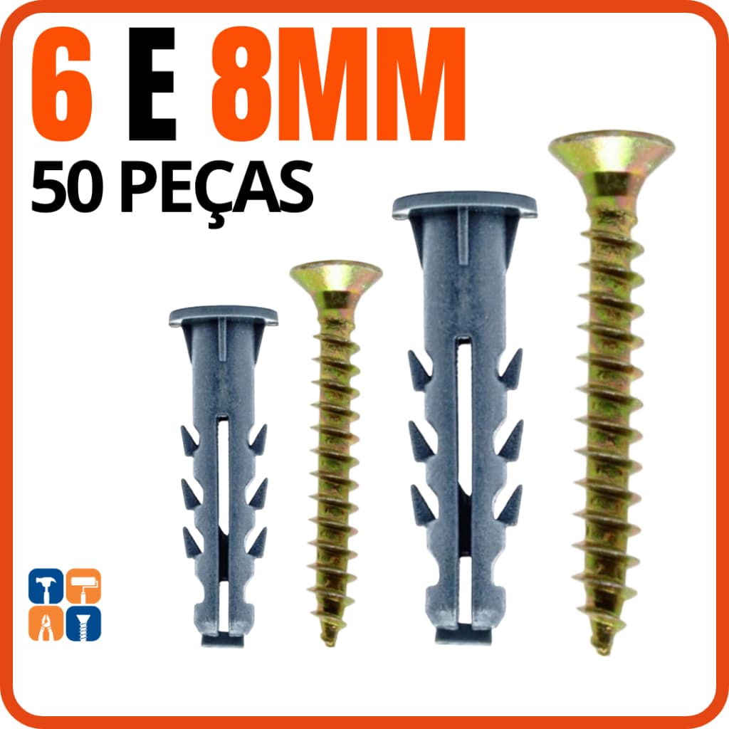 Parafusos com Buchas 6mm 8mm Kit Bucha com Anel Parafuso Philips 6 e 8 Parafusos Buchas para Parede