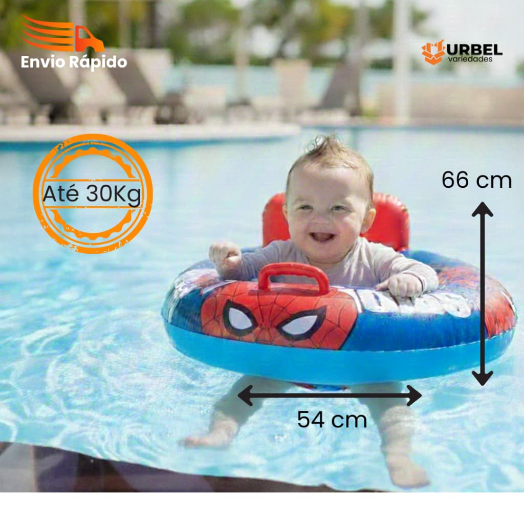 Boia para Bebê Homem Aranha Com Fralda - 66cm X 54cm Seguro Piscina Alça Apoio Costas
