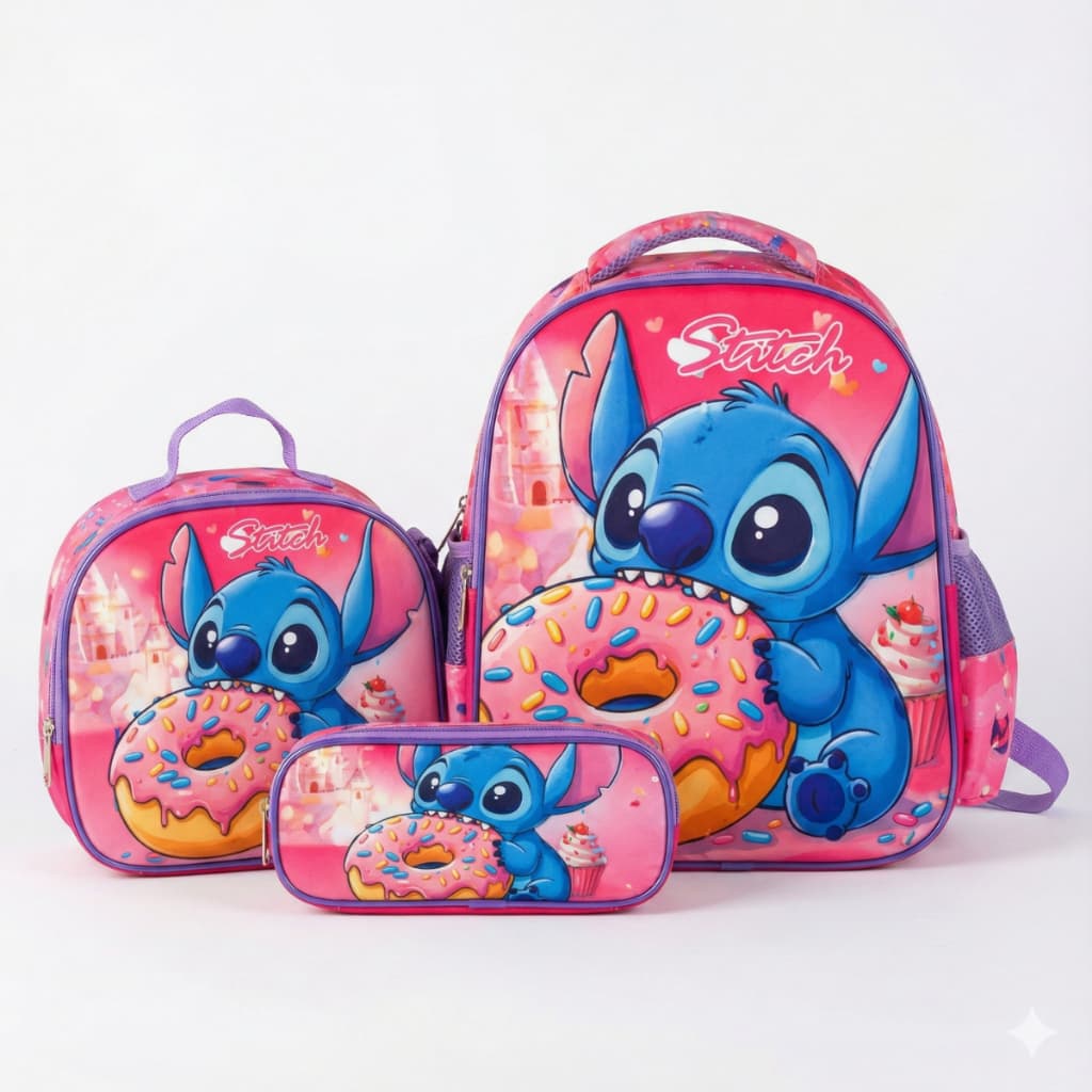 Kit Mochila  escolar Grande Lancheira +estojo Alto Relevo 6D.Feminino Estampada Promoção