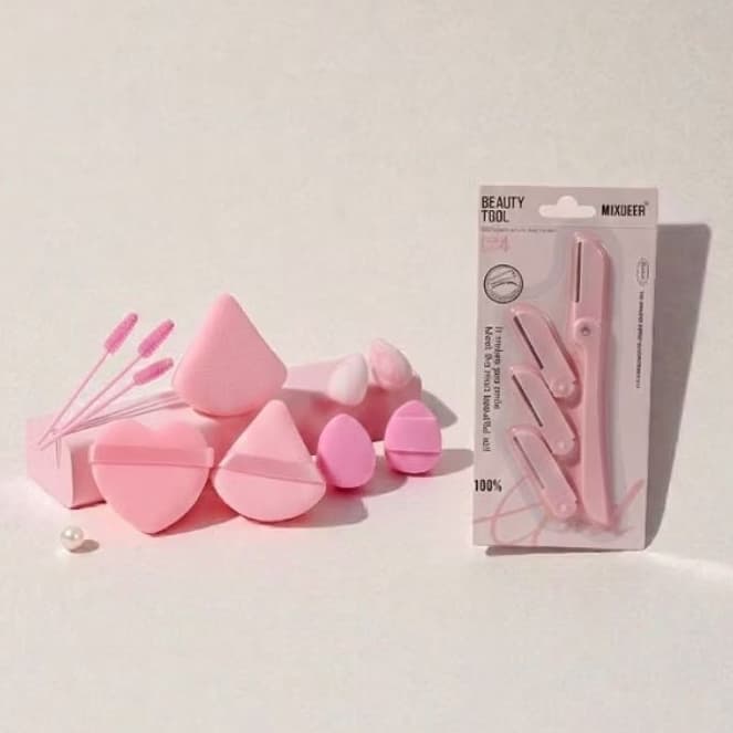 Kit Esponja de Veludo+Mini Esponjas Para Olhos+Escovinhas de Sobrancelha+Lâmina facial-Navalha+ Uso Diário,Kit Maquiagem