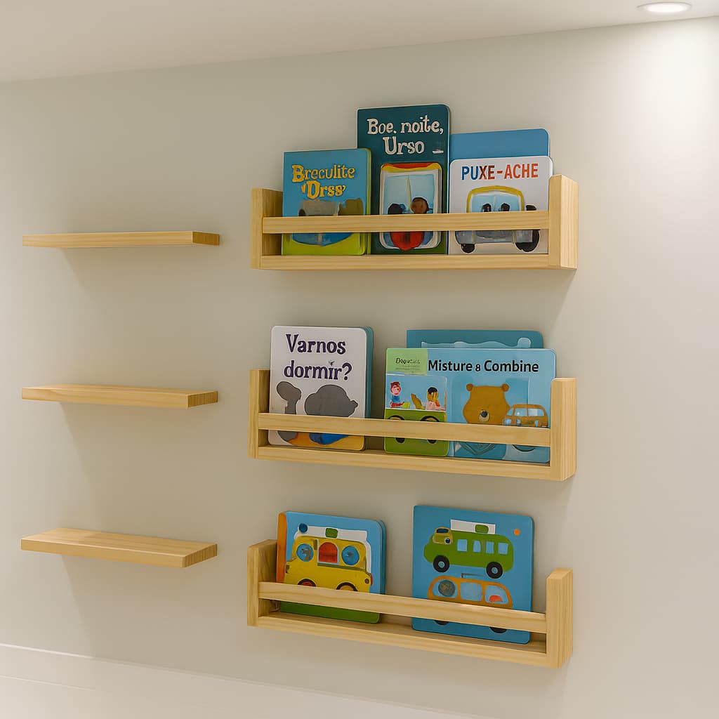 Kit 3 Prateleira + 3 Porta Livros Infantil 50/40cm Decorar Quarto Infantil/ Sala/ Cozinha/Banheiro