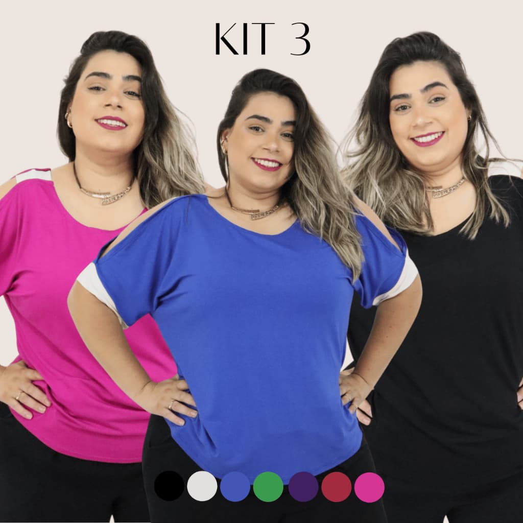 Kit 3 Blusas Plus Size GG ao G5 Ombro Vazado Várias Cores Malha Viscose