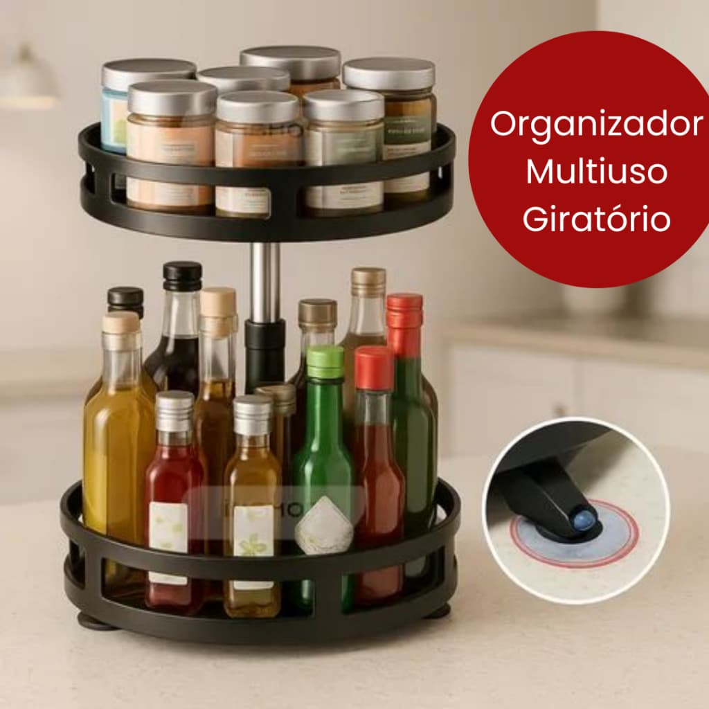 Organizador Giratório 360º Multiuso Cozinha Banheiro Escritório 2 Andares Prateleira Rotação - Preto