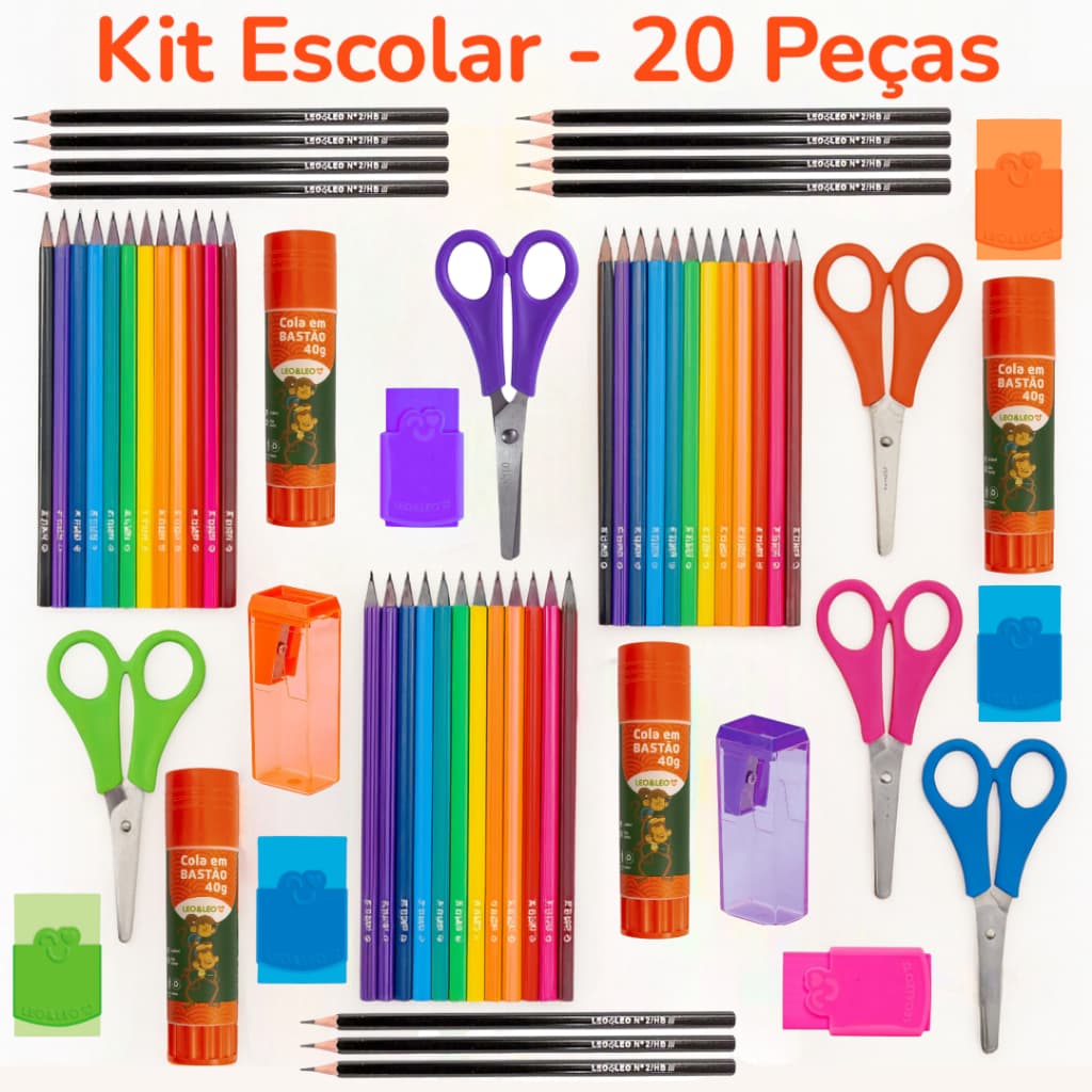 Kit Escolar 20 Pçs Volta às Aulas Lápis De Cor Borracha Cola Tesoura Leo&Leo Criança Escola