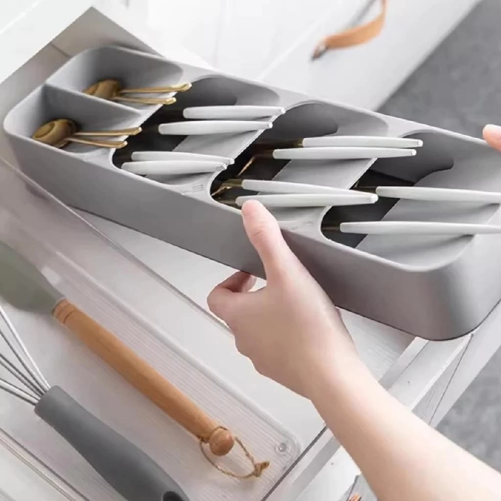 Organizador Suporte Porta  Cozinha Compartimentos Faca Colher Armário Talheres Gaveta Cinza